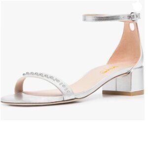 XYD Silver Pearls Open Toe Strappy Low Block Heel Ankle Strap with Buckle Sandal